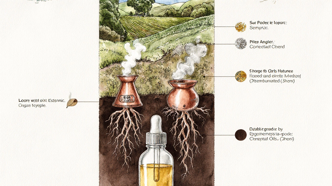 Vertical botanical journey from organic farms to essential oil extraction in watercolor style.
