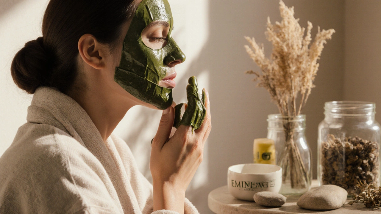 Woman peacefully applying organic facial mask in a sunlit spa, surrounded by natural elements.