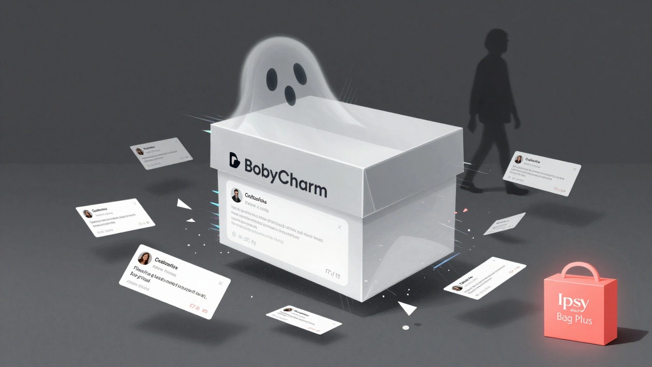 A ghostly BoxyCharm box dissolving into digital static, surrounded by charge notices and broken links.