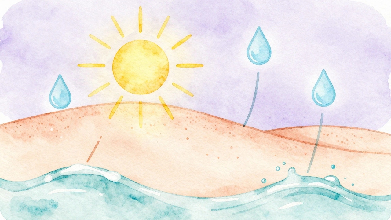 Abstract watercolor skin landscape protected by sun rays and hydration elements.