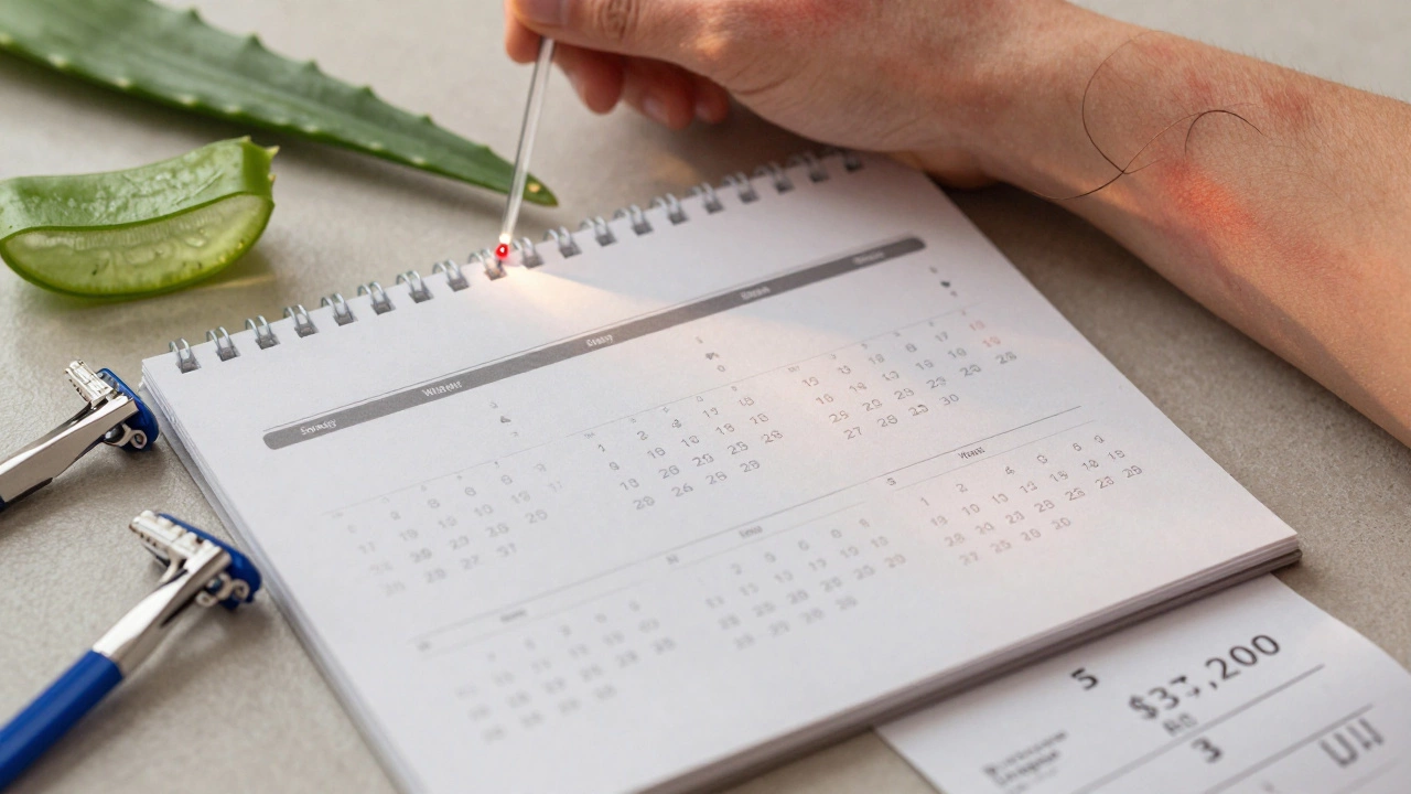 Calendar showing multiple laser sessions with symbols of cost, sunburn, and unexpected hair regrowth.