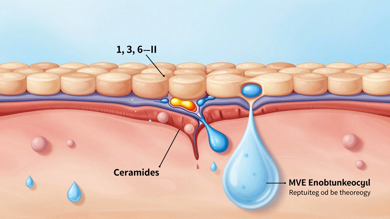 Cross-section of skin showing ceramides repairing barrier and hyaluronic acid hydrating layers.