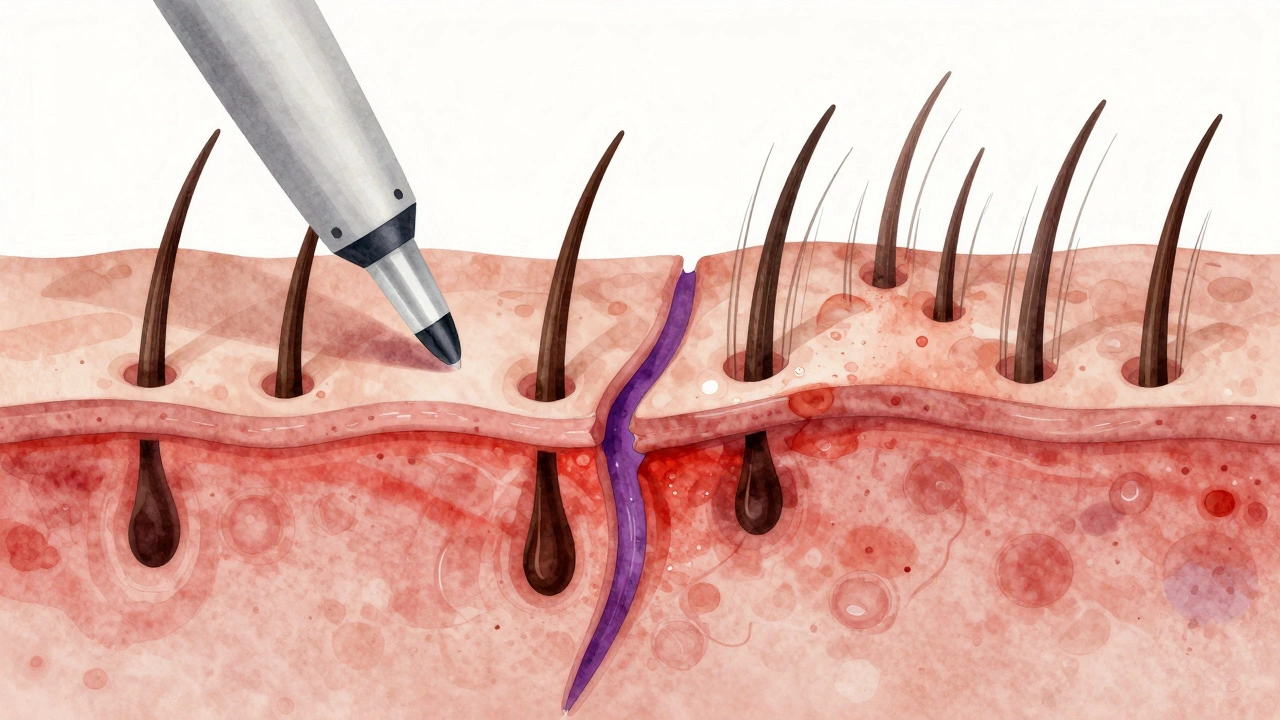 Cross-section of skin showing laser damage, pigment changes, and thicker hair regrowth.