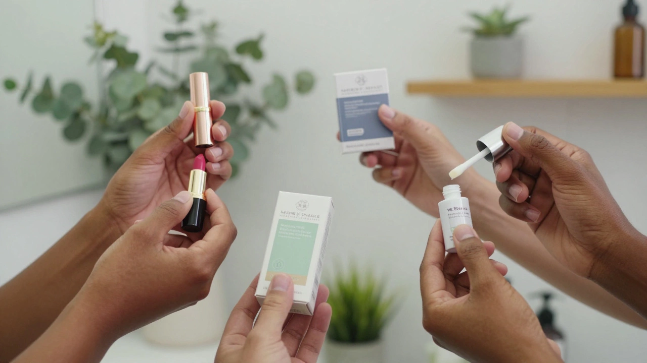 Diverse hands testing beauty products like lipstick, face mask, and serum in a natural bathroom setting.