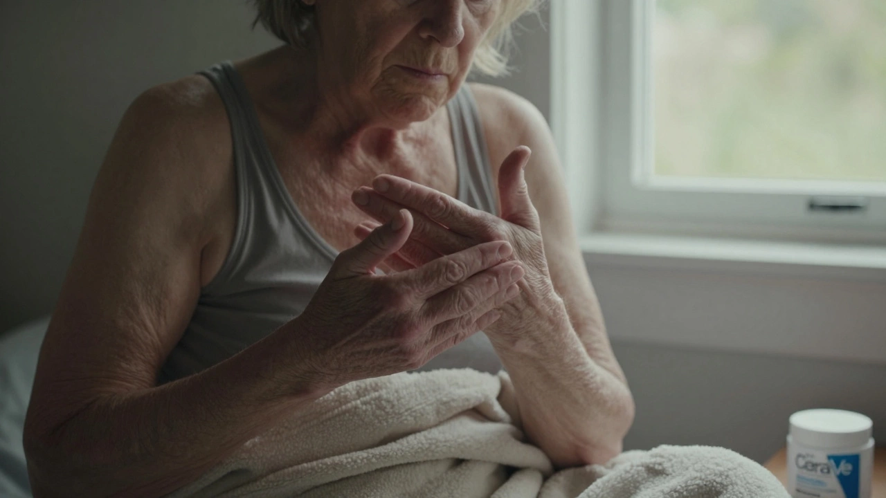 Elderly woman gently applying CeraVe cream to sensitive skin in soft morning light.