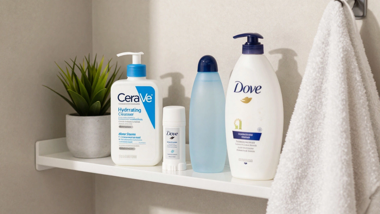 Everyday drugstore body wash and deodorant on a clean bathroom shelf with reusable travel bottle.