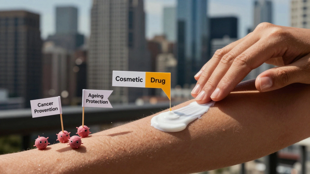 Hand applying sunscreen as liquid armor, with tiny figures representing cancer and aging protection.