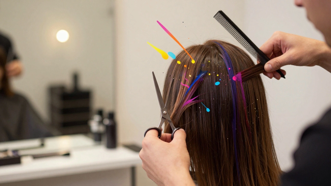 Hands of a hairstylist in action, with colorful dye splashes and blurred salon surroundings.