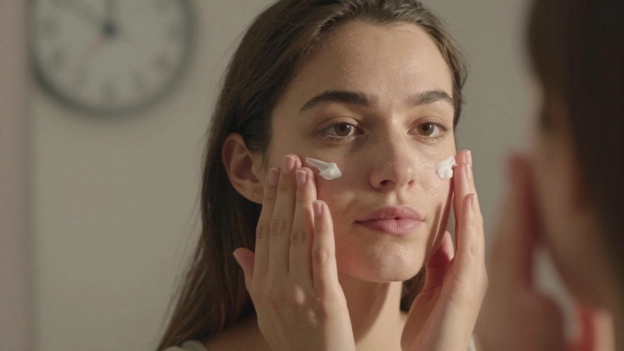 Hands pressing moisturizer into face, resting for four minutes to lock in hydration.