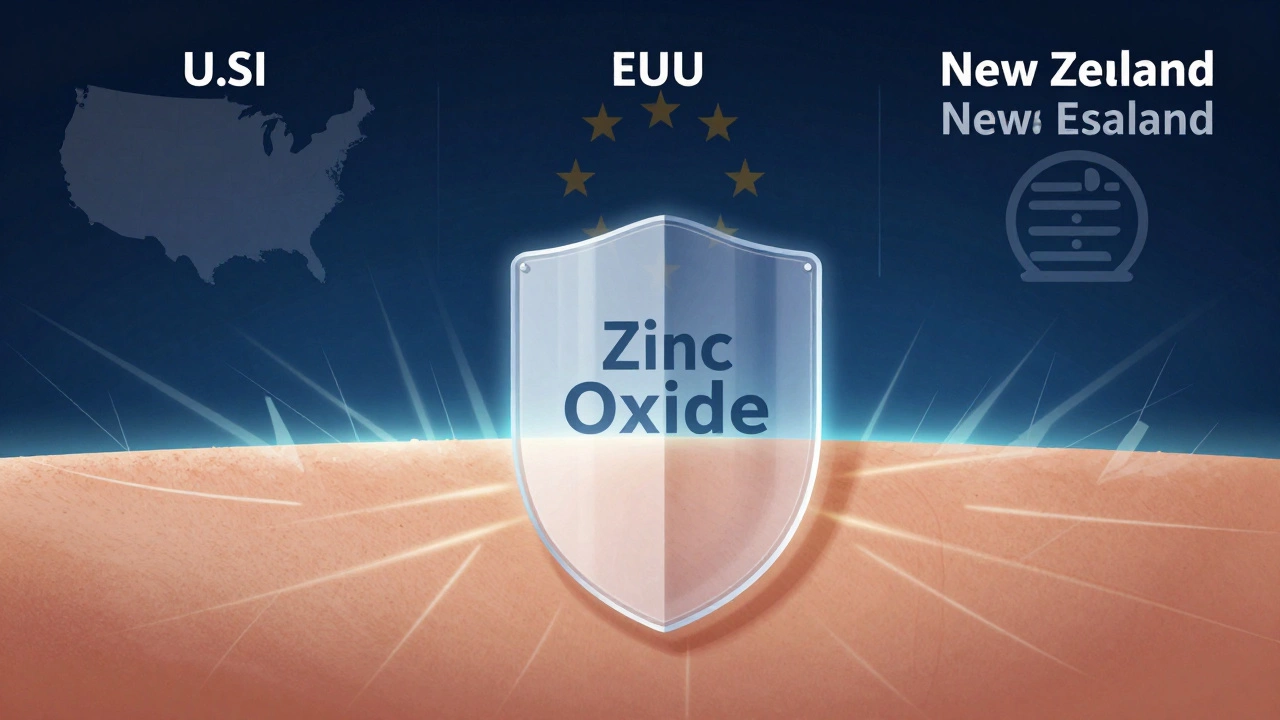 Human skin under UV light protected by a transparent shield labeled Zinc Oxide.