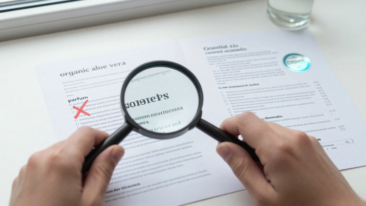 Magnifying glass over a skincare ingredient list showing organic and synthetic components.