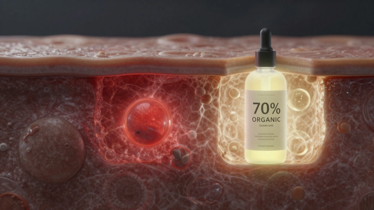 Microscopic view of skin barrier damaged by synthetics versus healed by organic plant extracts.