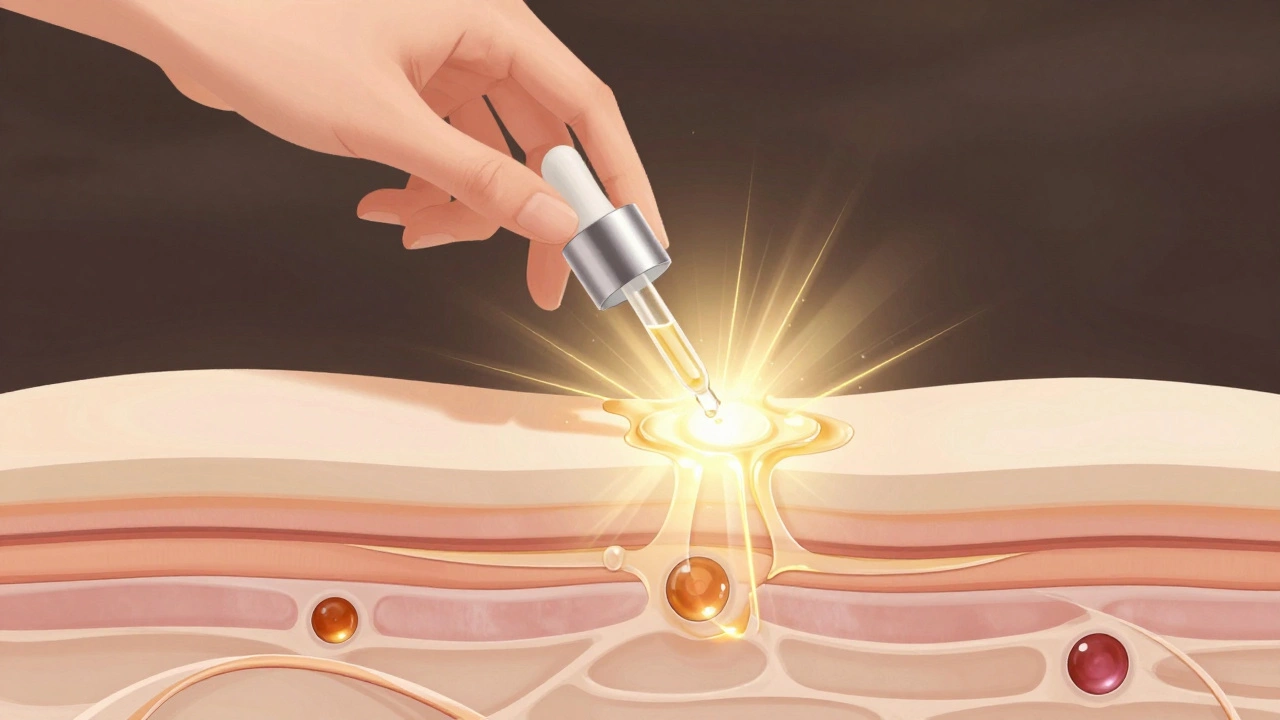 Serum being absorbed into skin with golden light representing active ingredients penetrating layers.