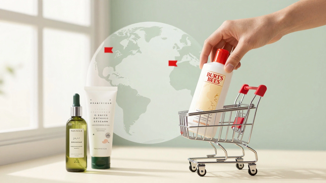 Shopping cart with Burt&#039;s Bees and ethical alternatives beside globe overlay