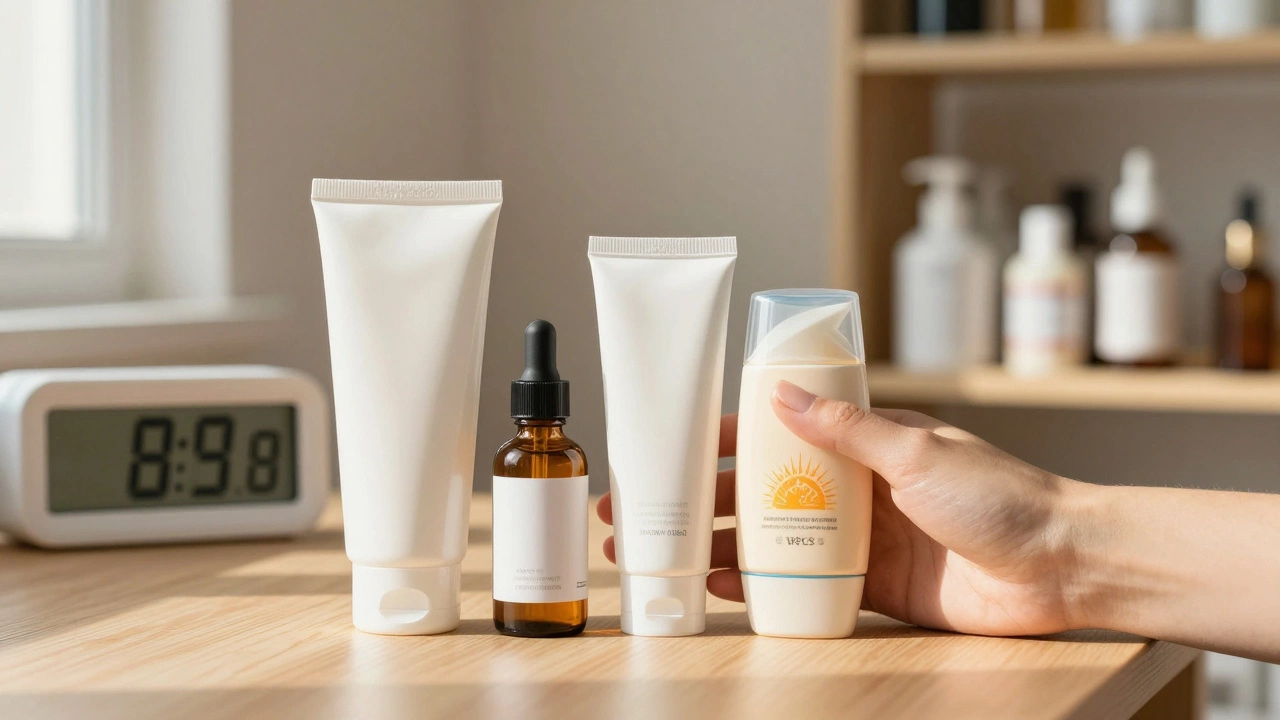 Simple skincare routine with clock showing 8 weeks, glowing skin, abandoned luxury bottles in background