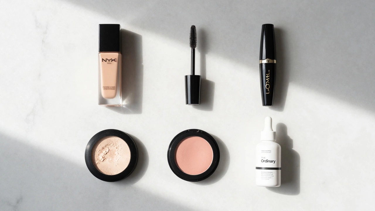 Six affordable makeup products arranged neatly on a marble surface with soft lighting.