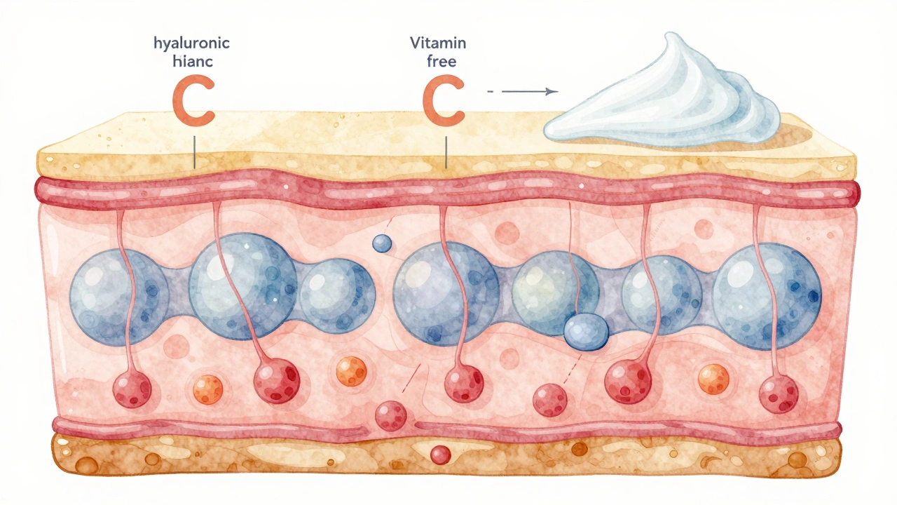Skin depicted as a layered cake with active ingredients penetrating deeper layers.