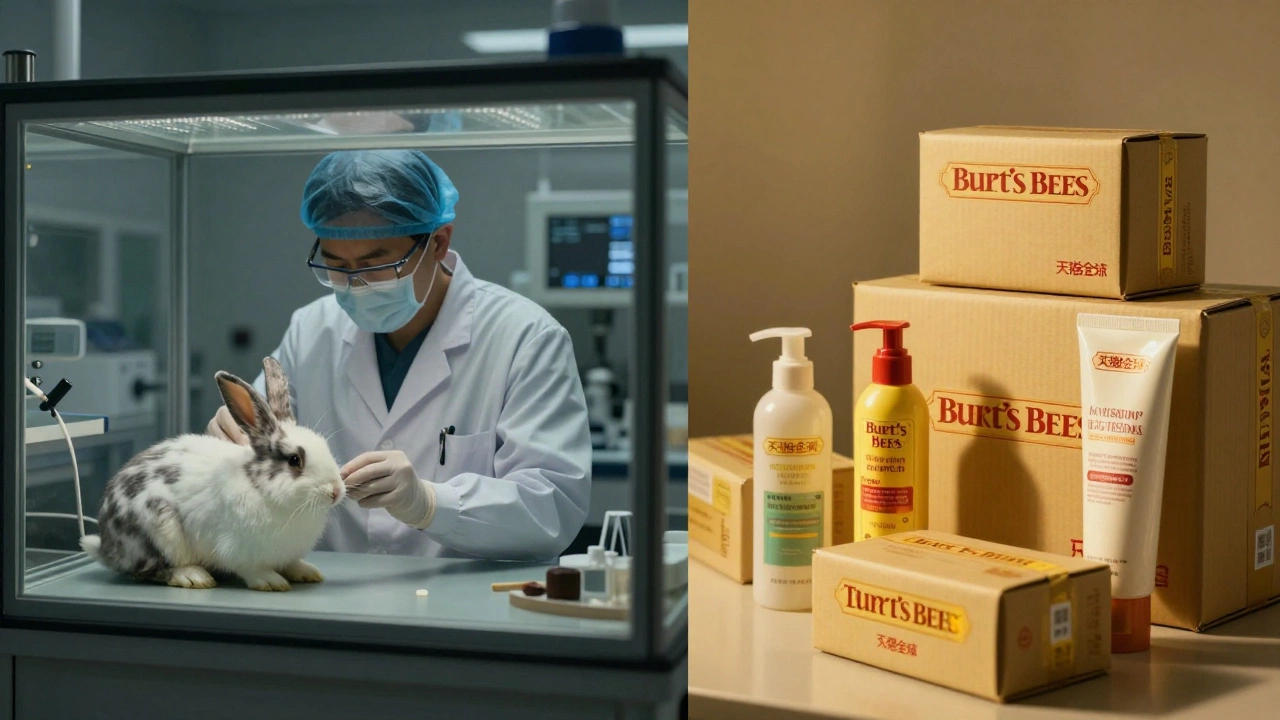 Split image of animal testing lab and Burt&#039;s Bees shipping boxes to China