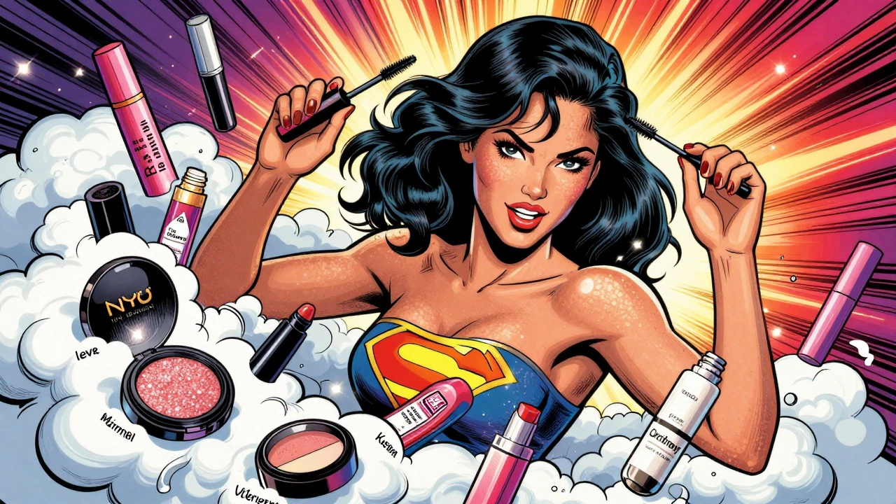 Superheroine transformed by affordable makeup brands, glowing and powerful.