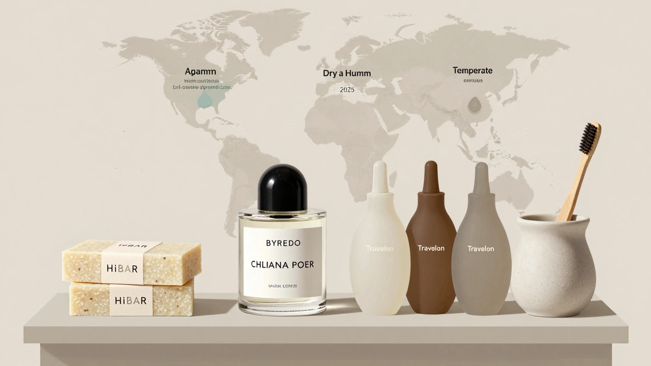 Sustainable toiletry system with refillable bottles, solid shampoo bars, and climate-adaptive products.