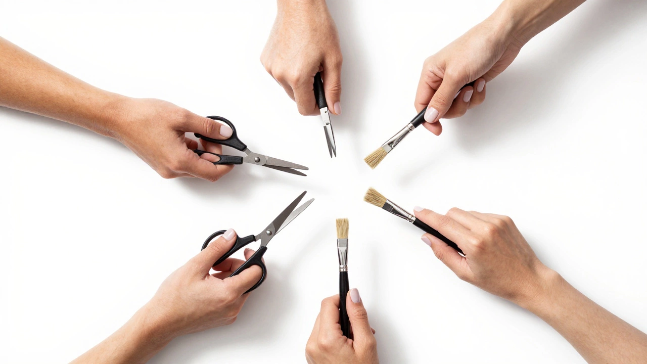 Three professional hands holding hair tools, symbolizing skill beyond gender.