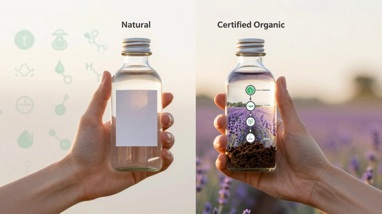 Two skincare bottles side by side: one deceptive 'Natural', one transparent 'Certified Organic' with farm-to-bottle imagery.