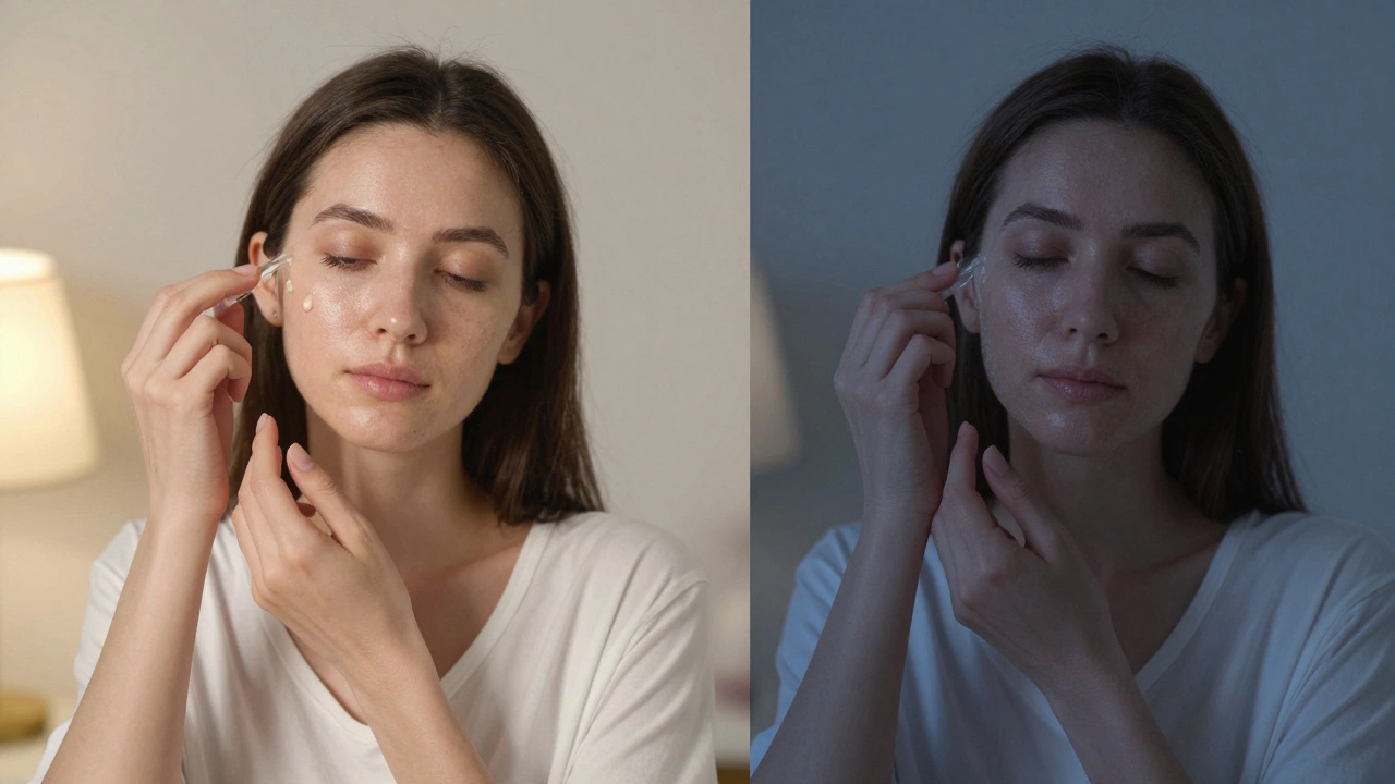 Two women of different ages applying serums at different times of day.