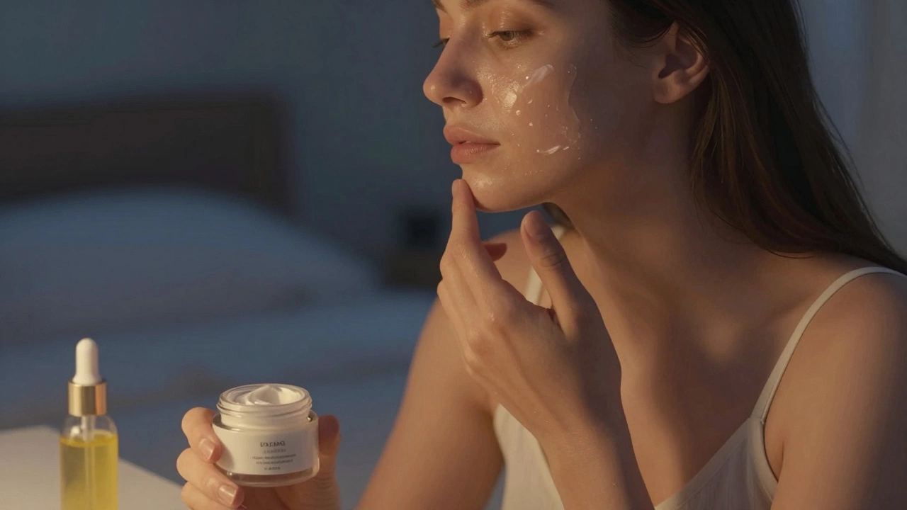 Woman applying night retinol under warm bedroom light, calm and focused expression.