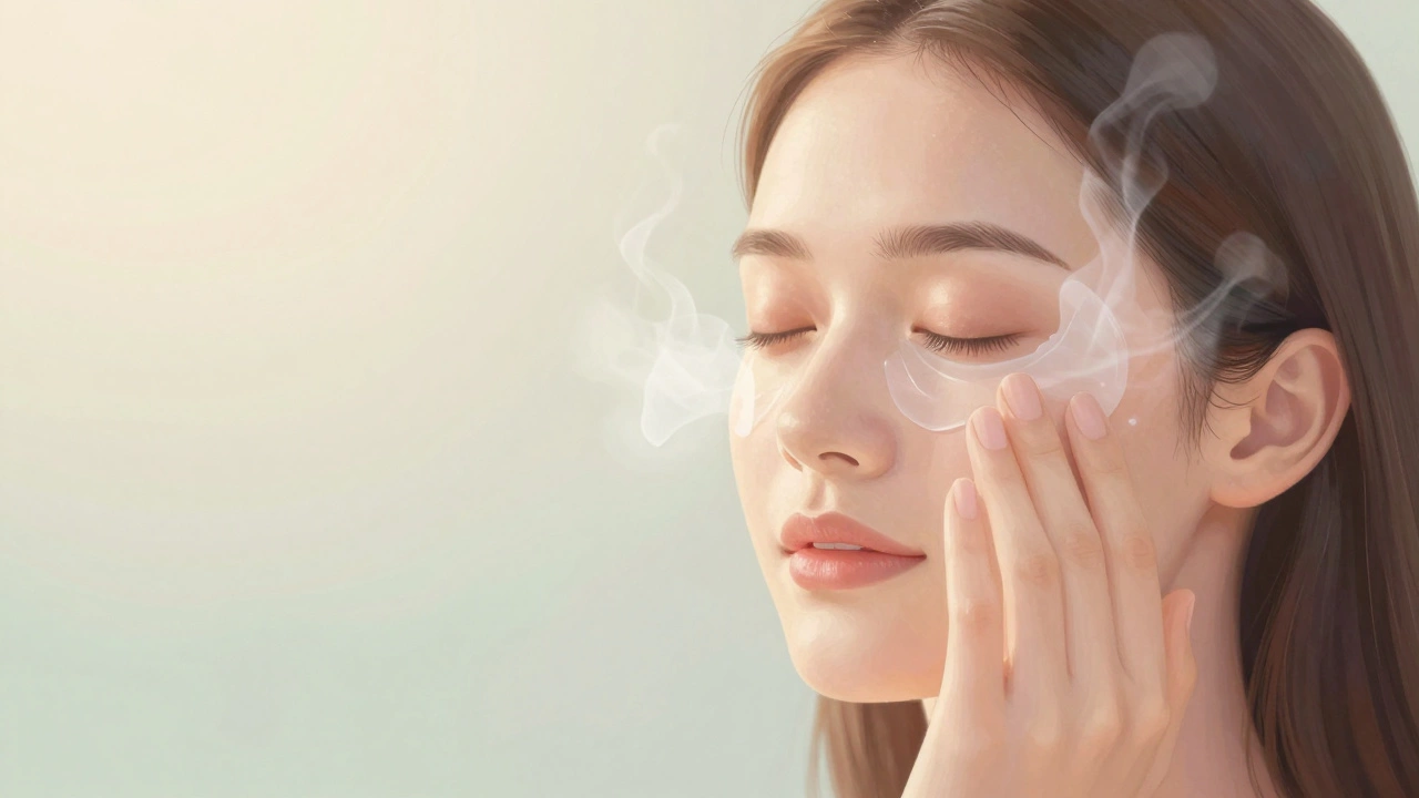 A woman delicately applying eye cream as misty hydration layers rise around her face.