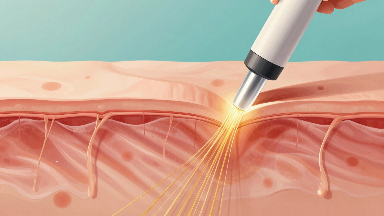 Cross-section of facial skin showing laser stimulation rebuilding collagen and fading sun damage.
