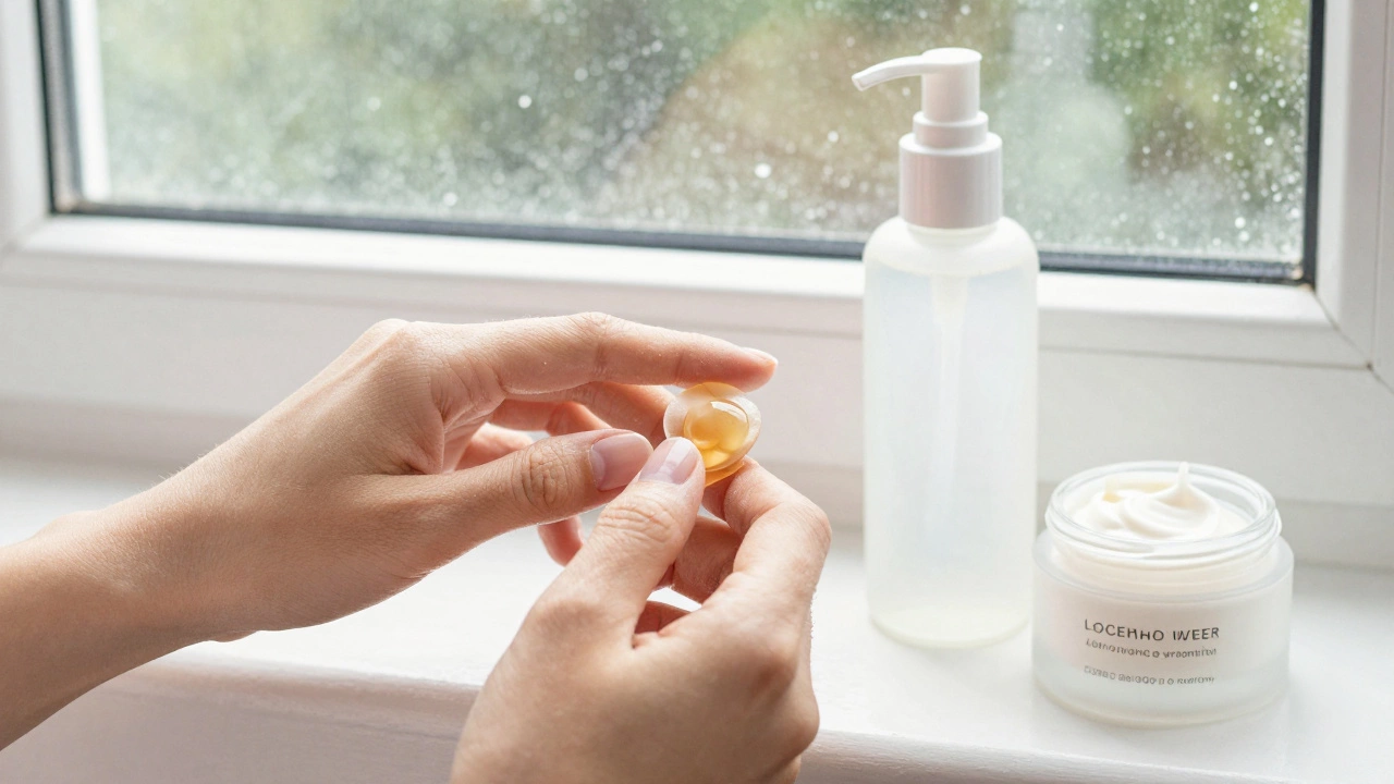 Gentle eye gel application with moisturizer and exfoliant nearby on a windowsill.