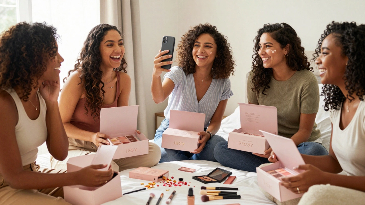 Group of women smiling as they explore their monthly Ipsy beauty boxes together.