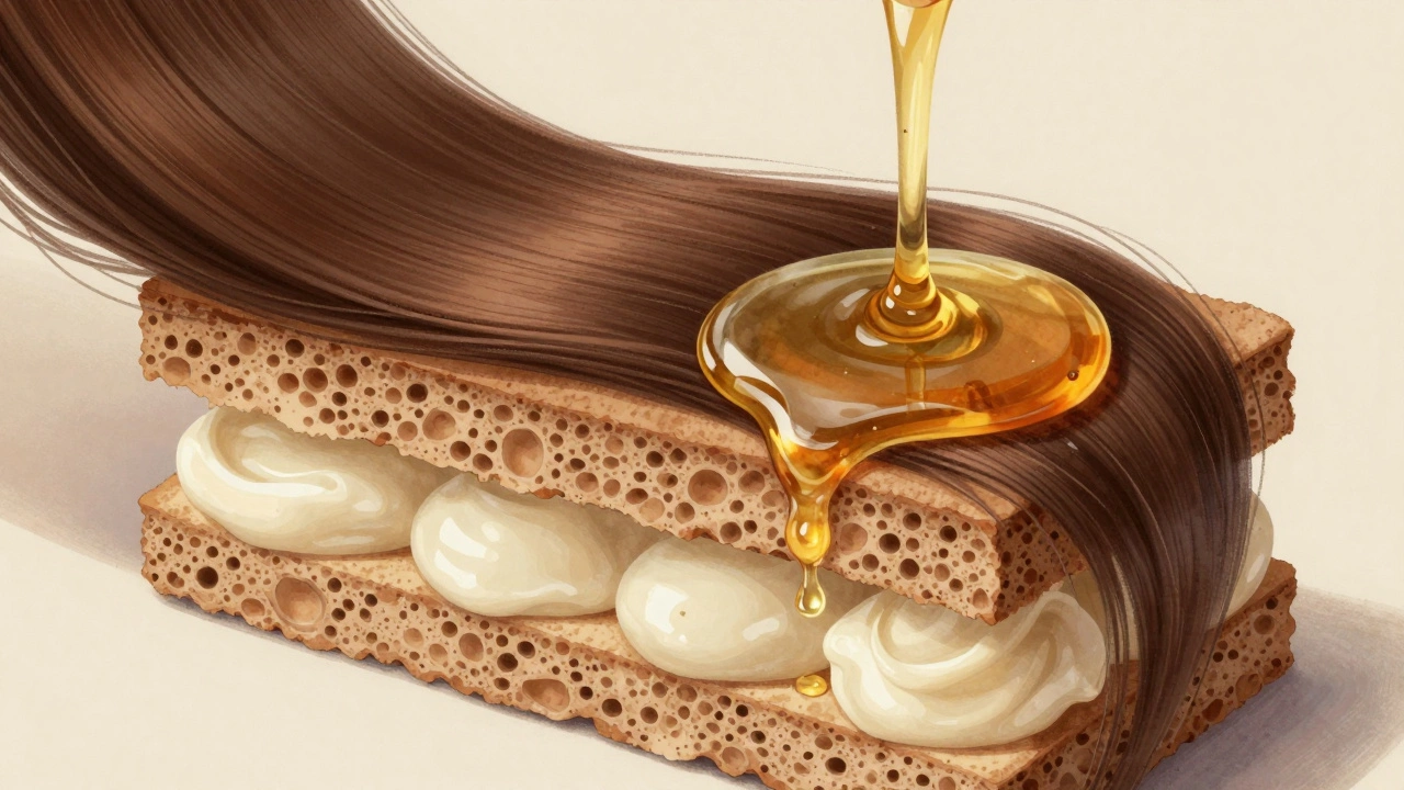 Hair strand illustrated as a layered sandwich with moisture-absorbing products in correct sequence.