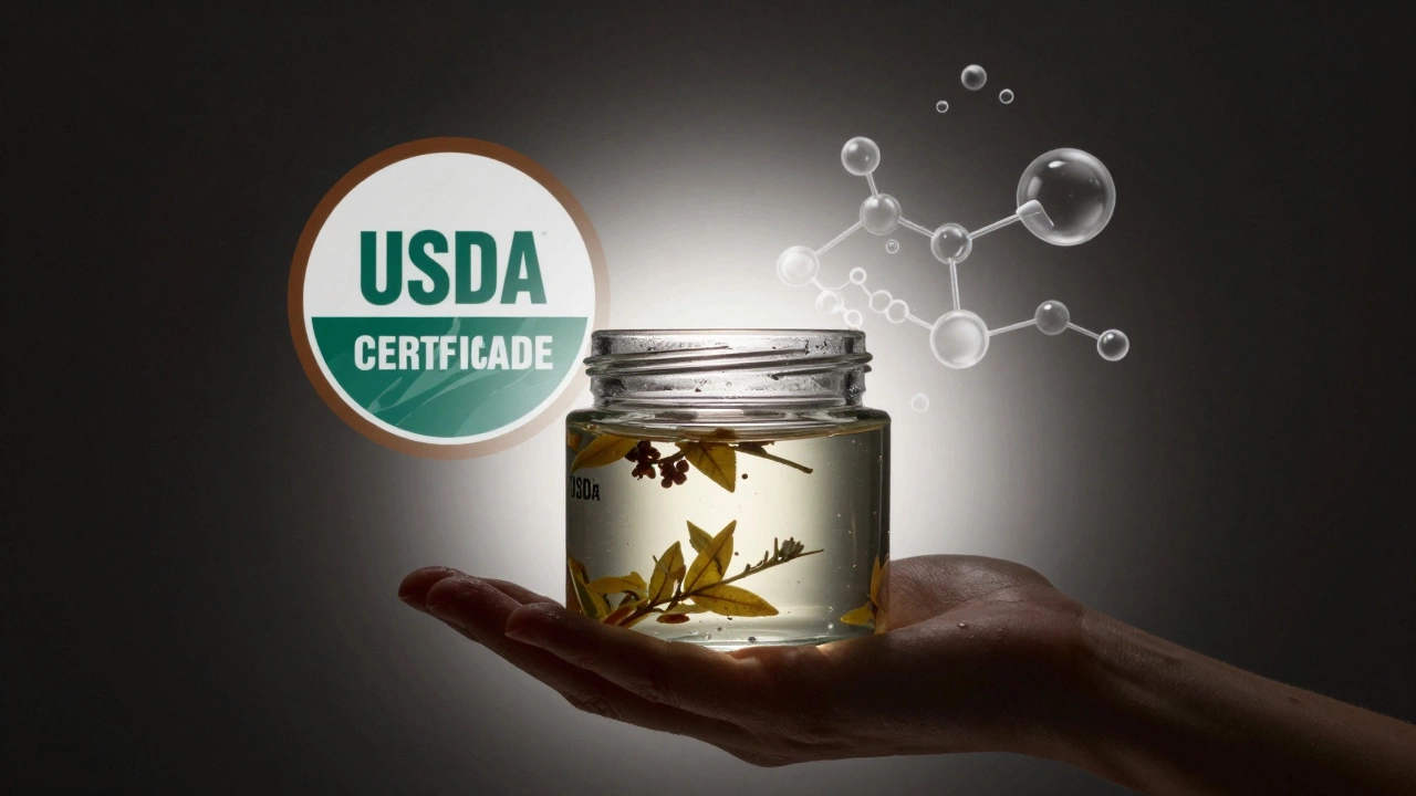 Hand holding a jar of cleanser with botanicals inside, overlay of organic seal fading into synthetic molecules.