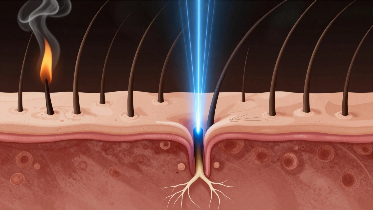 Laser beam targeting hair follicle while burning surface hairs