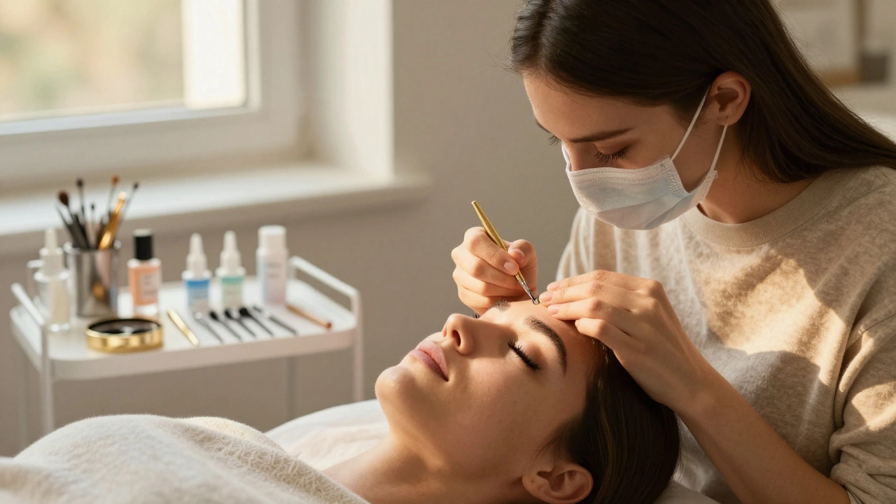 Lash technician applying extensions in a sunlit home setting