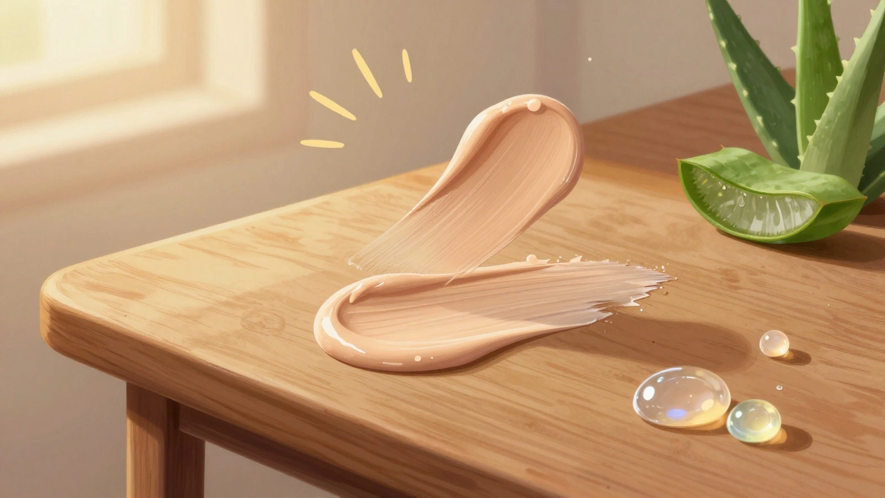 Metaphorical illustration of skin care as sanding and oiling wood, with lightweight cosmetics floating above.