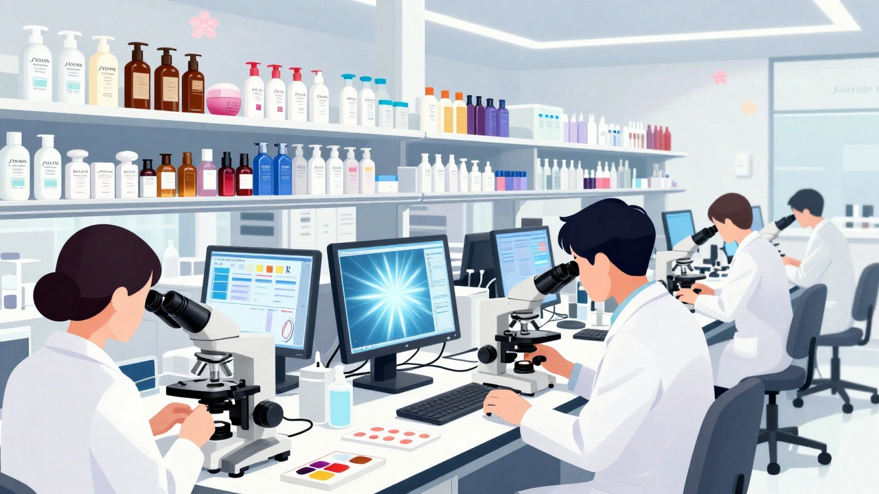 Modern Shiseido lab with scientists studying skin biology, digital screens and vintage product bottles.