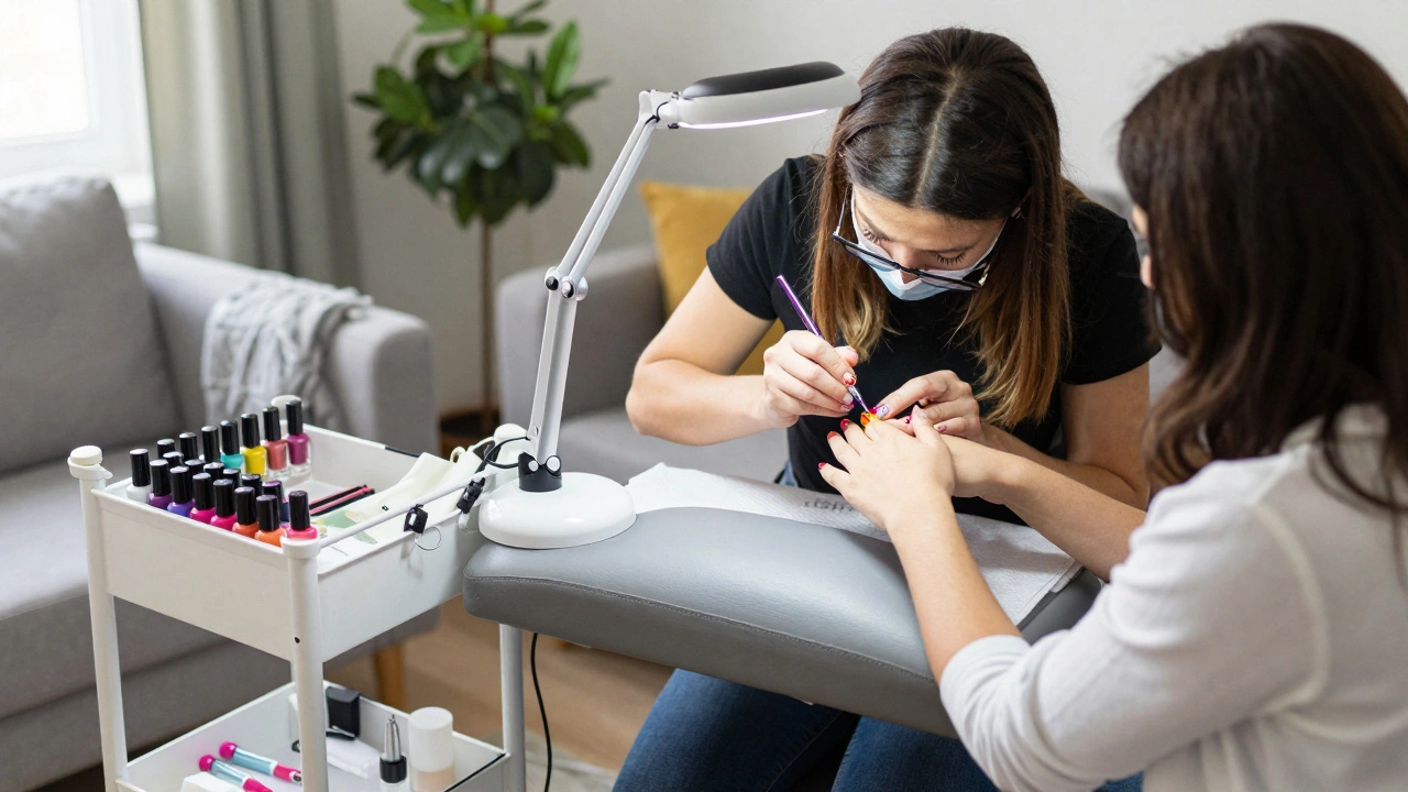 Nail technician creating intricate nail art in a client's living room
