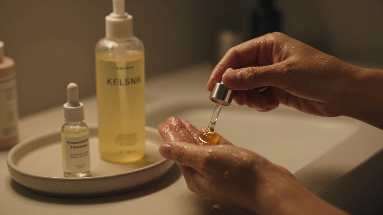 Nighttime double cleanse with retinol and hyaluronic acid on a ceramic tray.