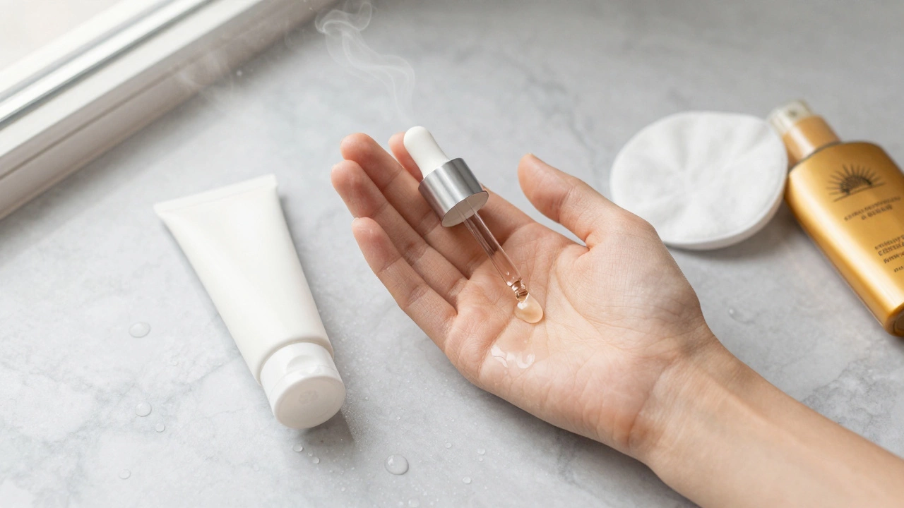 Skincare products arranged in correct order: serum, moisturizer, sunscreen.