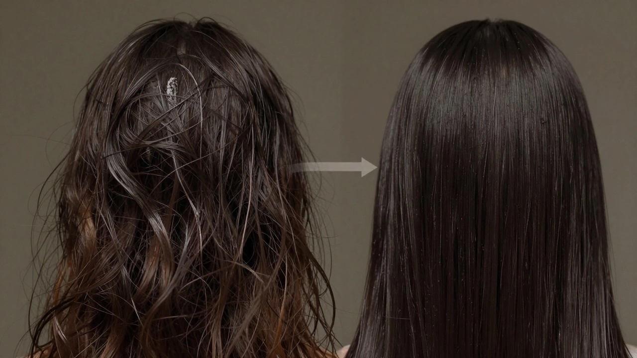 Split image showing damaged hair vs. healthy hair based on product application order.