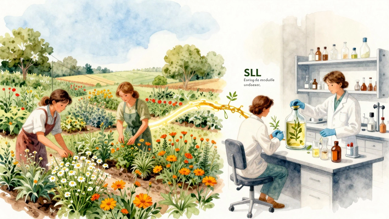 Split scene of an organic herb garden in Hungary and a laboratory, connected by a glowing bridge.