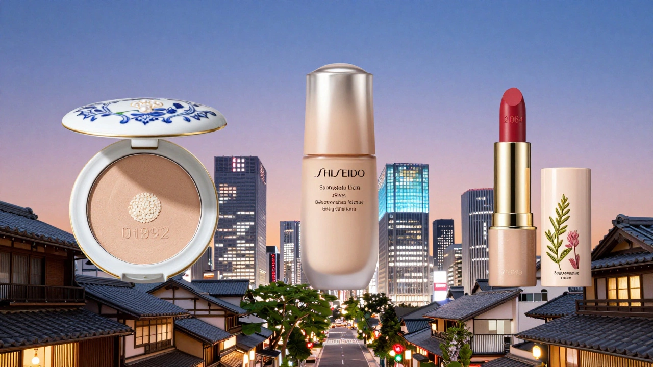 Timeline of Shiseido makeup evolution from 1897 to 2024, showing changing packaging and ingredients.