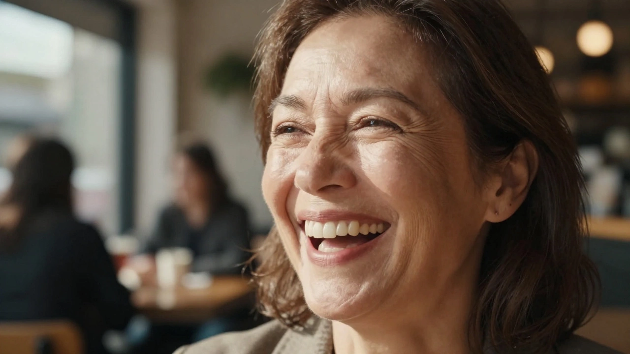 Woman laughing in sunlight, face naturally radiant and youthful after laser treatment.