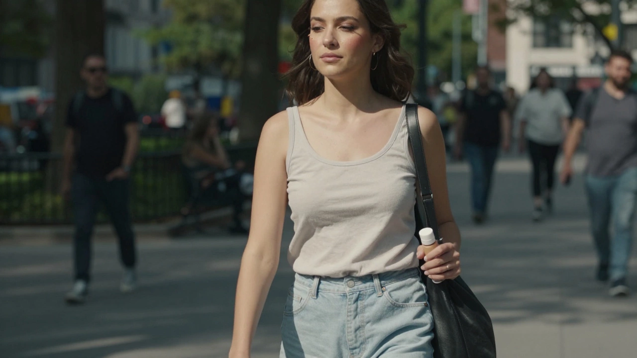 Woman walking in a park with natural skin, minimal makeup, looking healthy and effortless.