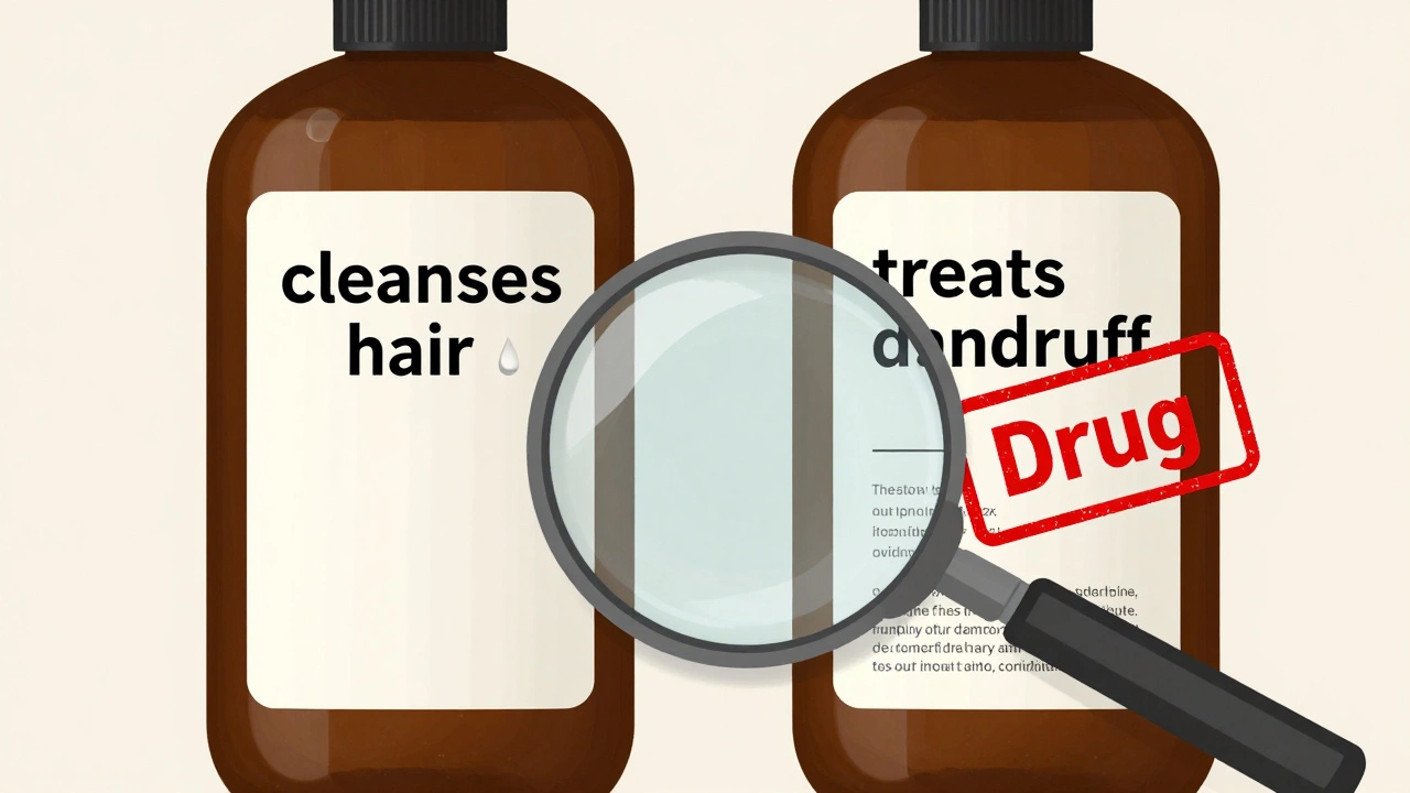 A shampoo bottle shown with two labels: one as cosmetic, one as drug, with a magnifying glass over it.