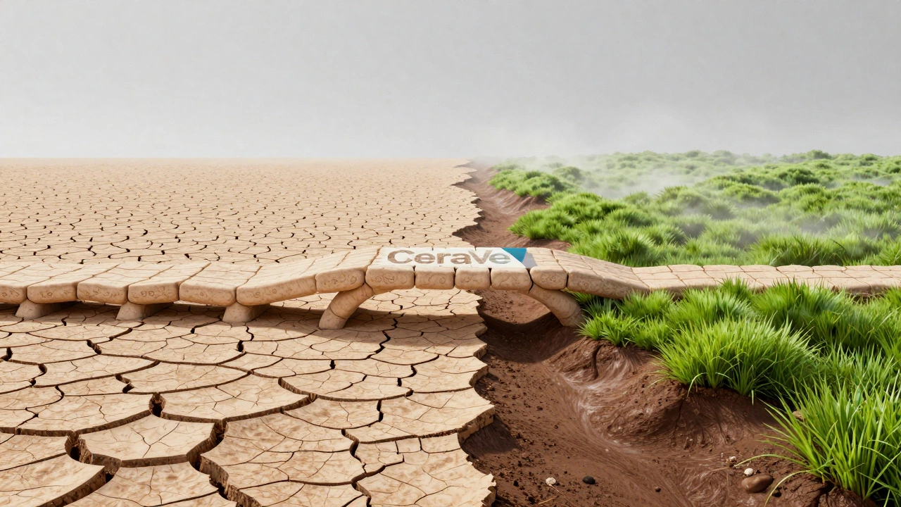 A split landscape showing dry, cracked earth transforming into hydrated, healthy soil via ceramide bridges.