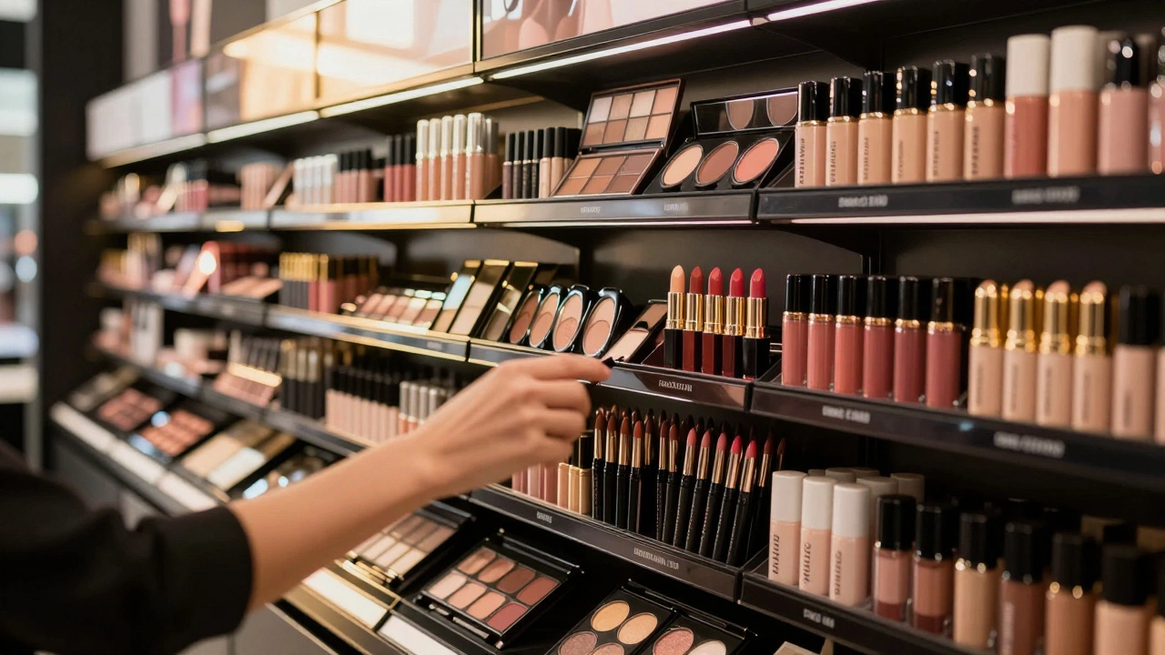 A wall of diverse makeup products including lipsticks, eyeshadows, and liners in a boutique.