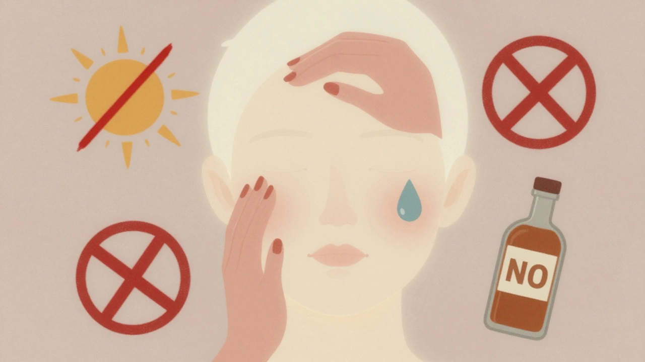 Face surrounded by symbolic prohibitions against sun, touch, sweat, and alcohol after facial.